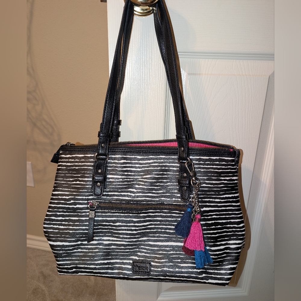 The Sak Black and White Striped Tote Bag with Tassels